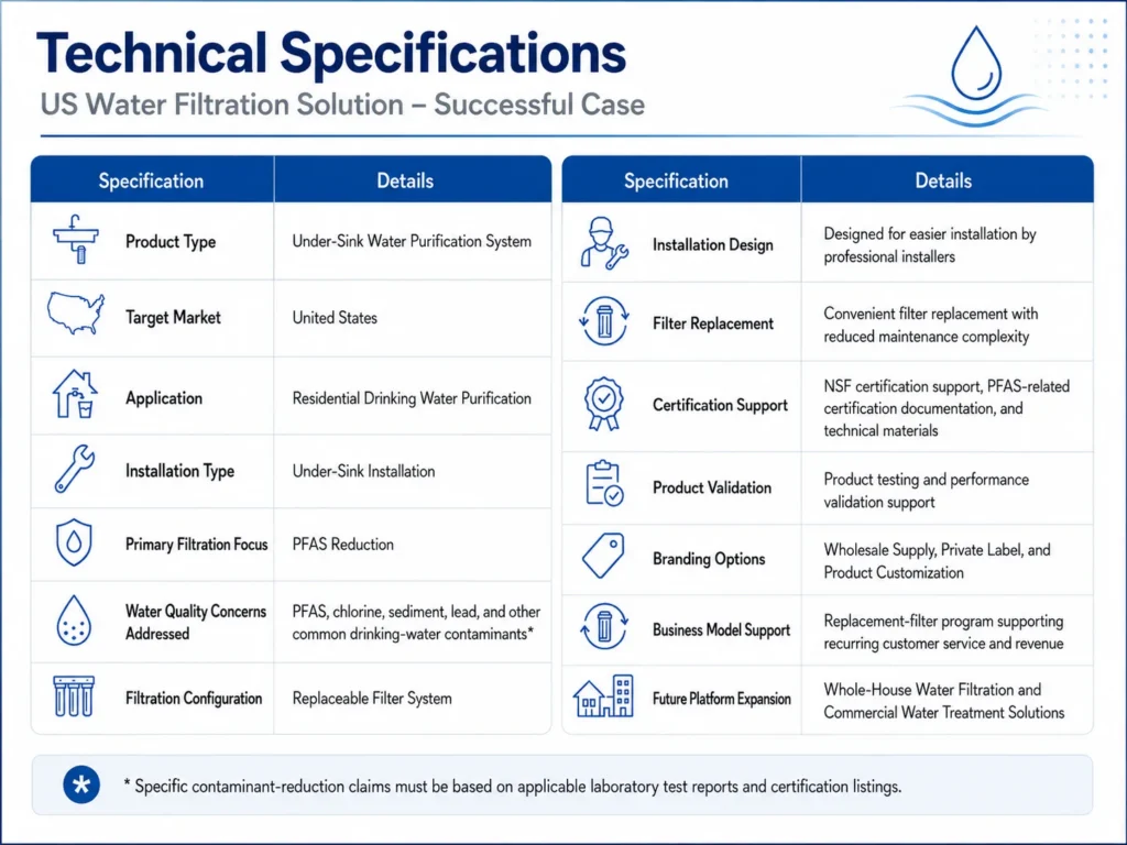 Technical specifications chart showing details of a US under-sink water filtration system, including features like PFAS reduction, target market, and installation type.