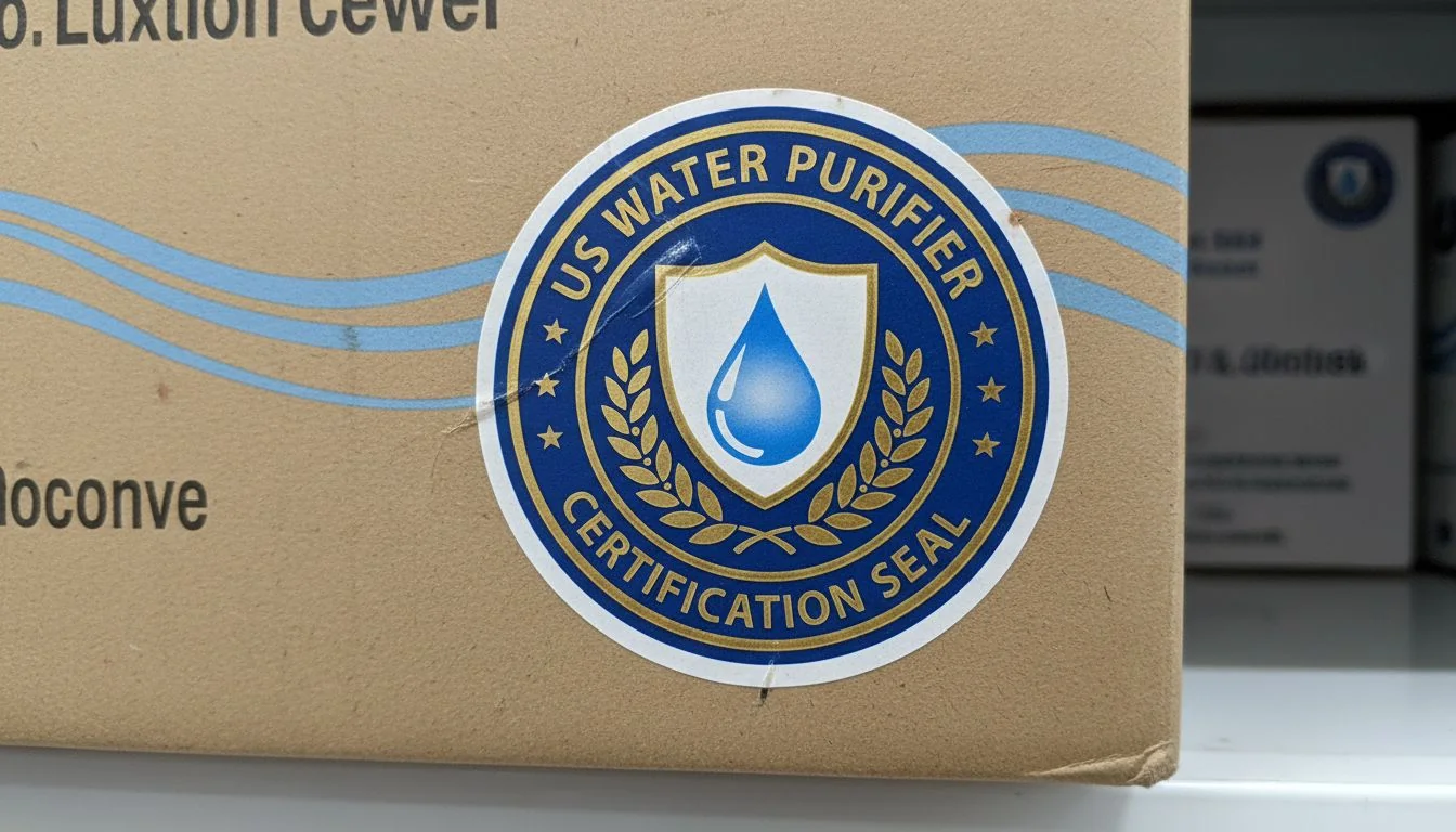 US Water Purifier Certification Seal Close-up of a certification seal on a water purifier product box