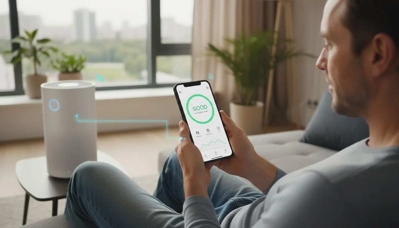 user looking at smartphone app connected to air purifier