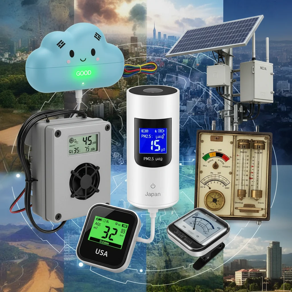 Collage of different air quality devices from various countries