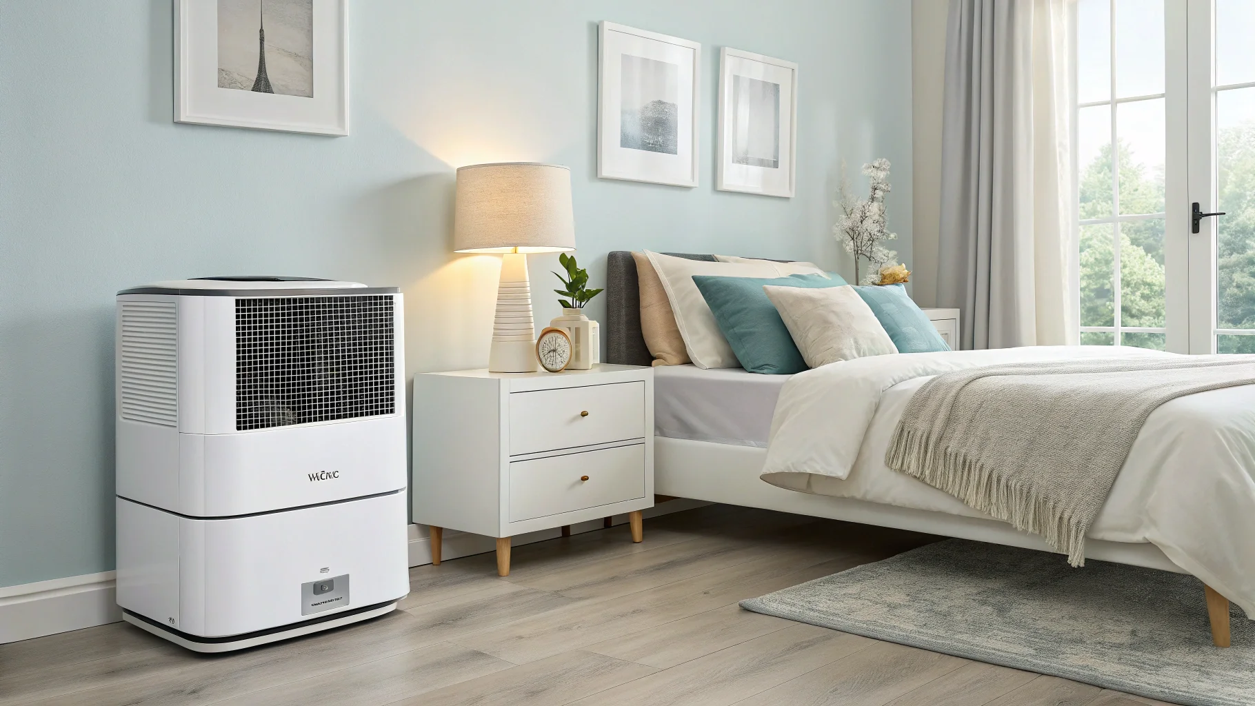 A Venta Airwasher in a clean, minimalist bedroom setting