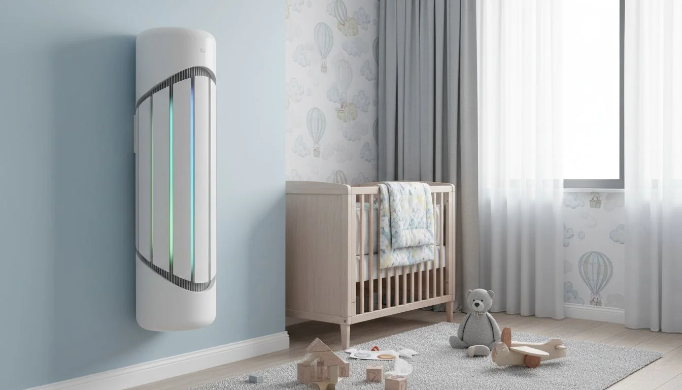 Vertical Pivot Strategy wall mounted air purifier in a childs bedroom