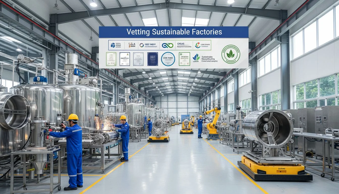 A modern factory floor with a focus on stainless steel products and visible safety and quality certifications on the wall.