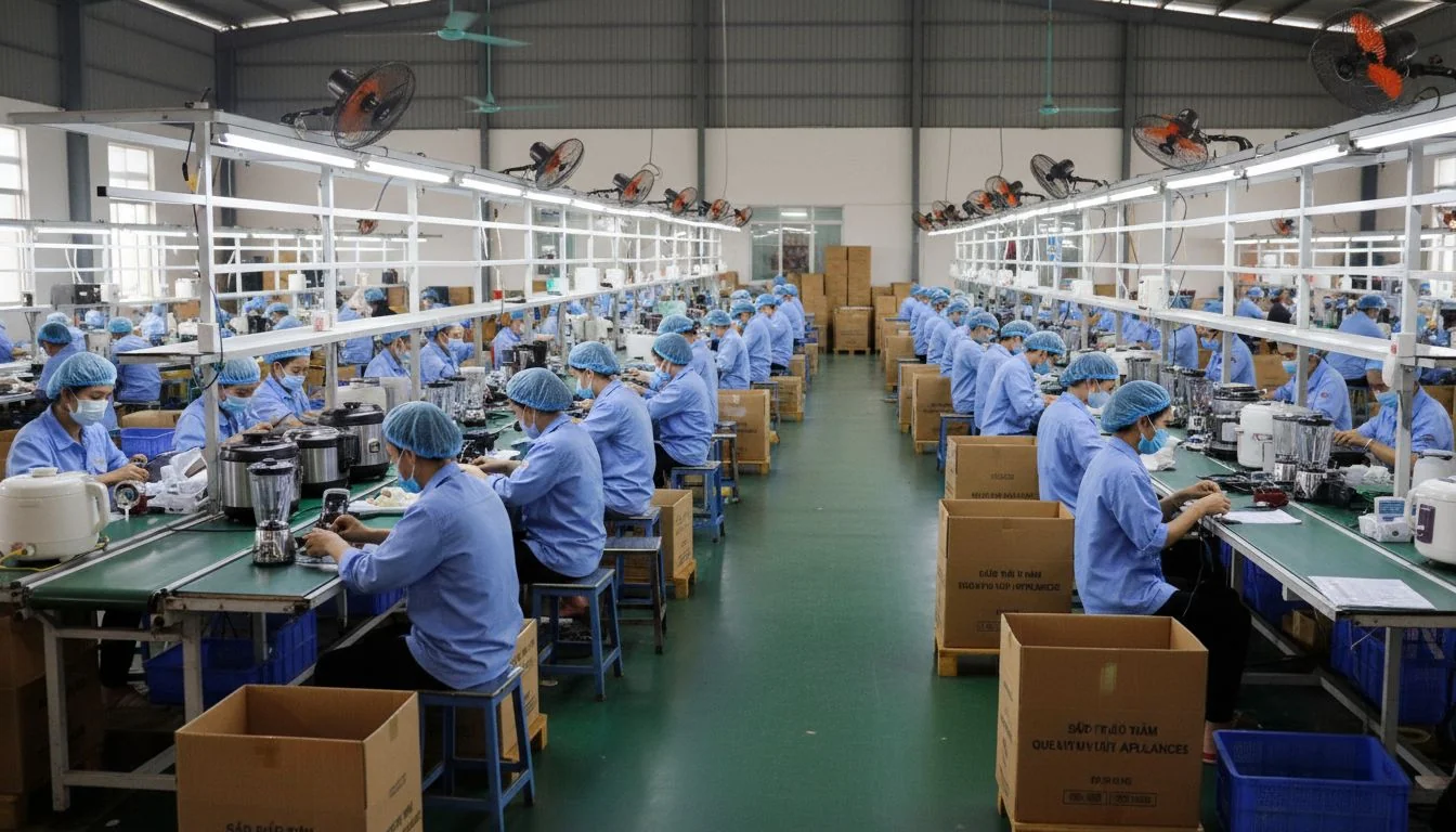 Vietnam appliance assembly line A factory floor in Vietnam with workers assembling small appliances