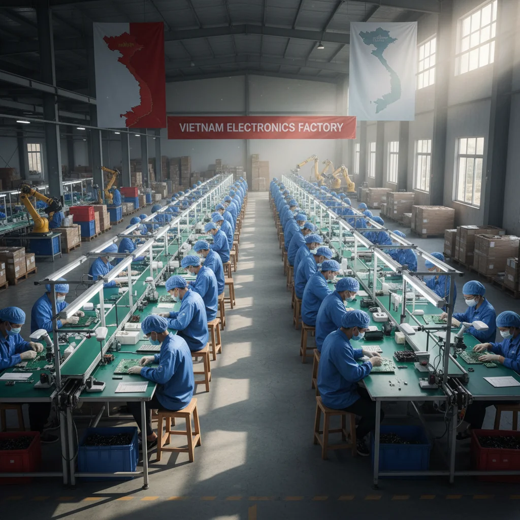 Workers assembling electronics in a factory in Vietnam