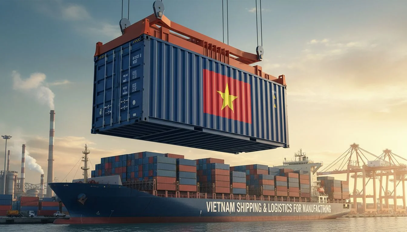 Vietnam shipping and logistics for manufacturing A shipping container with a Vietnamese flag being loaded onto a cargo ship