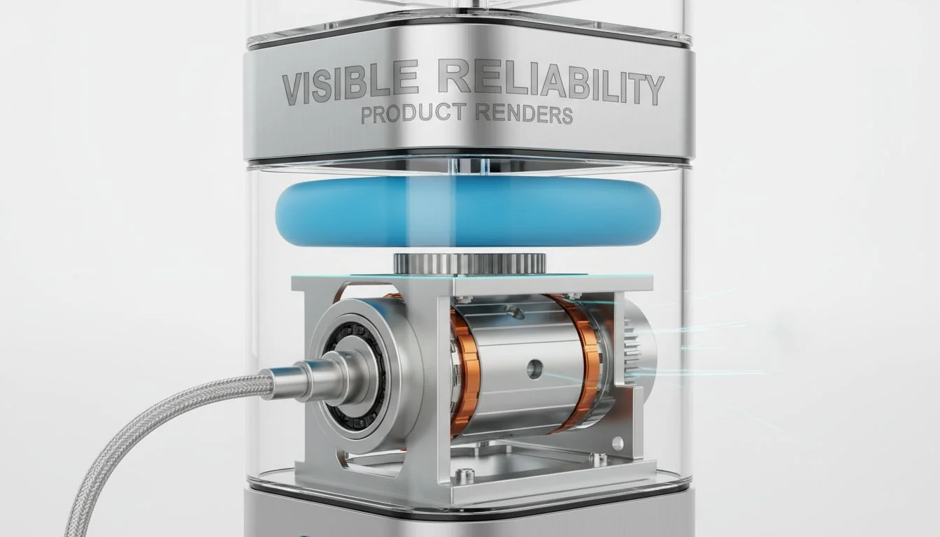 Visible Reliability in Product Renders A cutaway render of a product showing a thick, blue silicone seal and a robust-looking motor assembly.