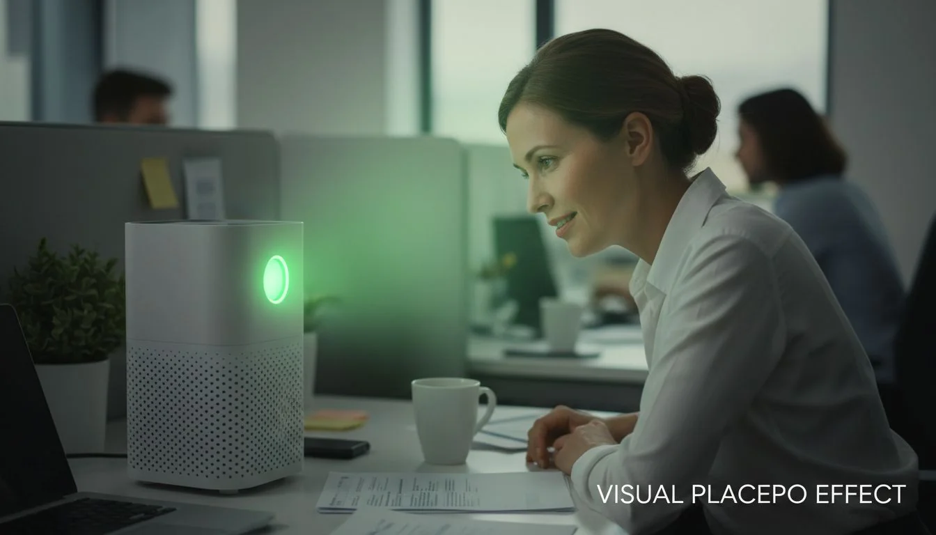 office worker looking at green light on air purifier with relief