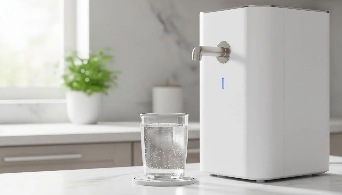 Visual Reminder to Hydrate glass of water next to purifier