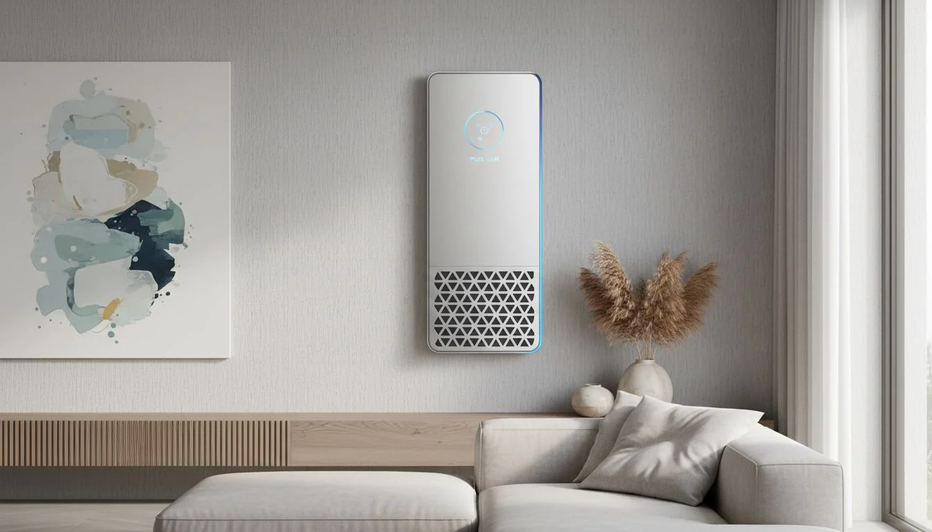 Modern slim air purifier mounted on a living room wall