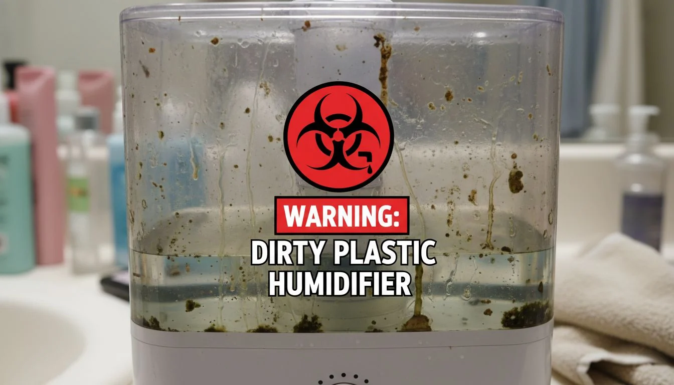 Warning: Dirty Plastic Humidifier A dirty, moldy plastic humidifier tank with a red warning symbol over it.