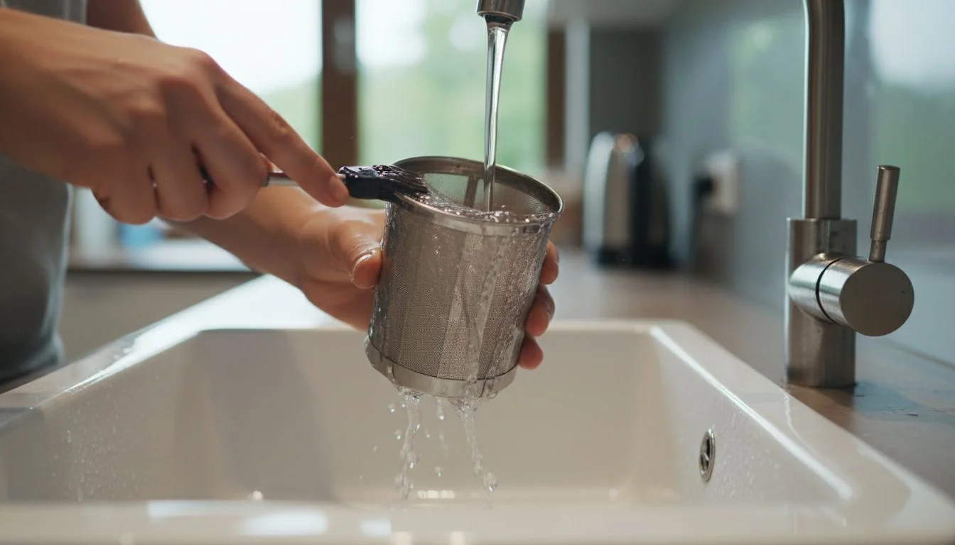Washable filter demonstration user washing a reusable filter under a tap