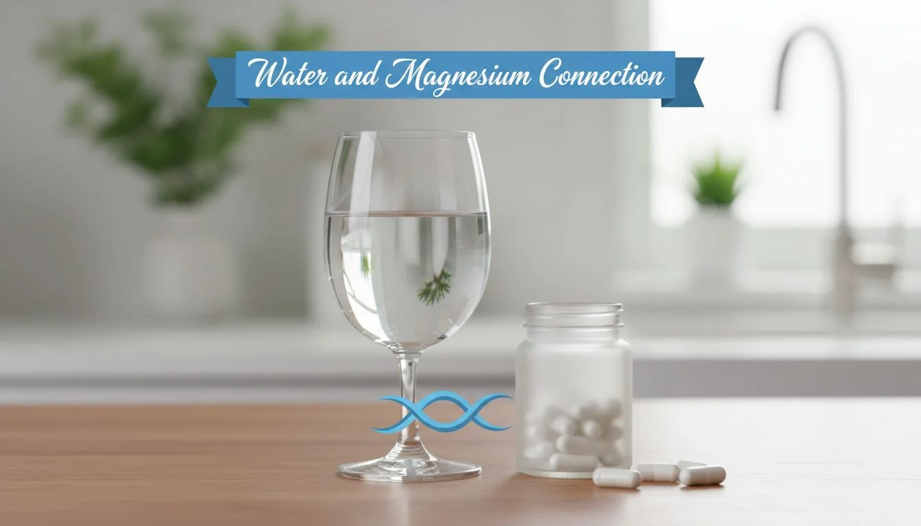 glass of clear water next to magnesium supplements