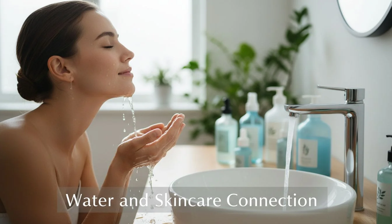 woman washing face with clean water skincare