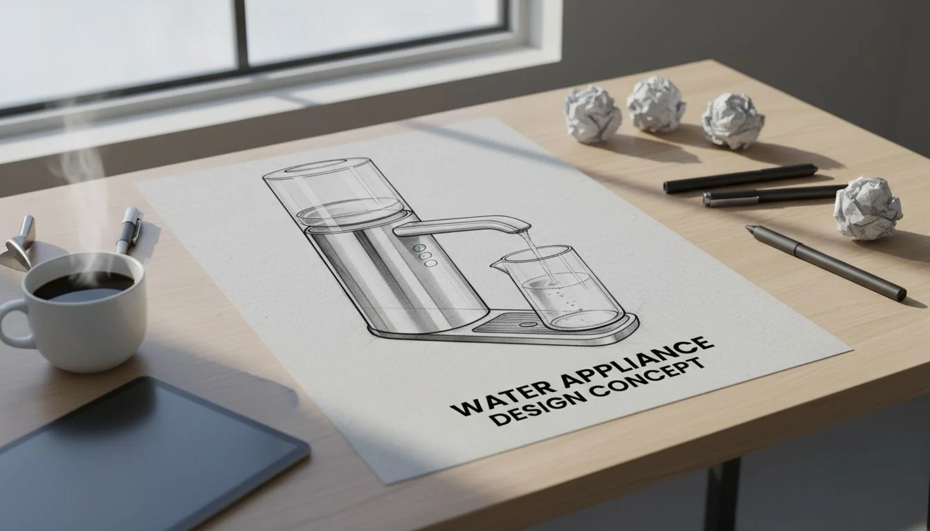 modern water appliance design sketch on a desk