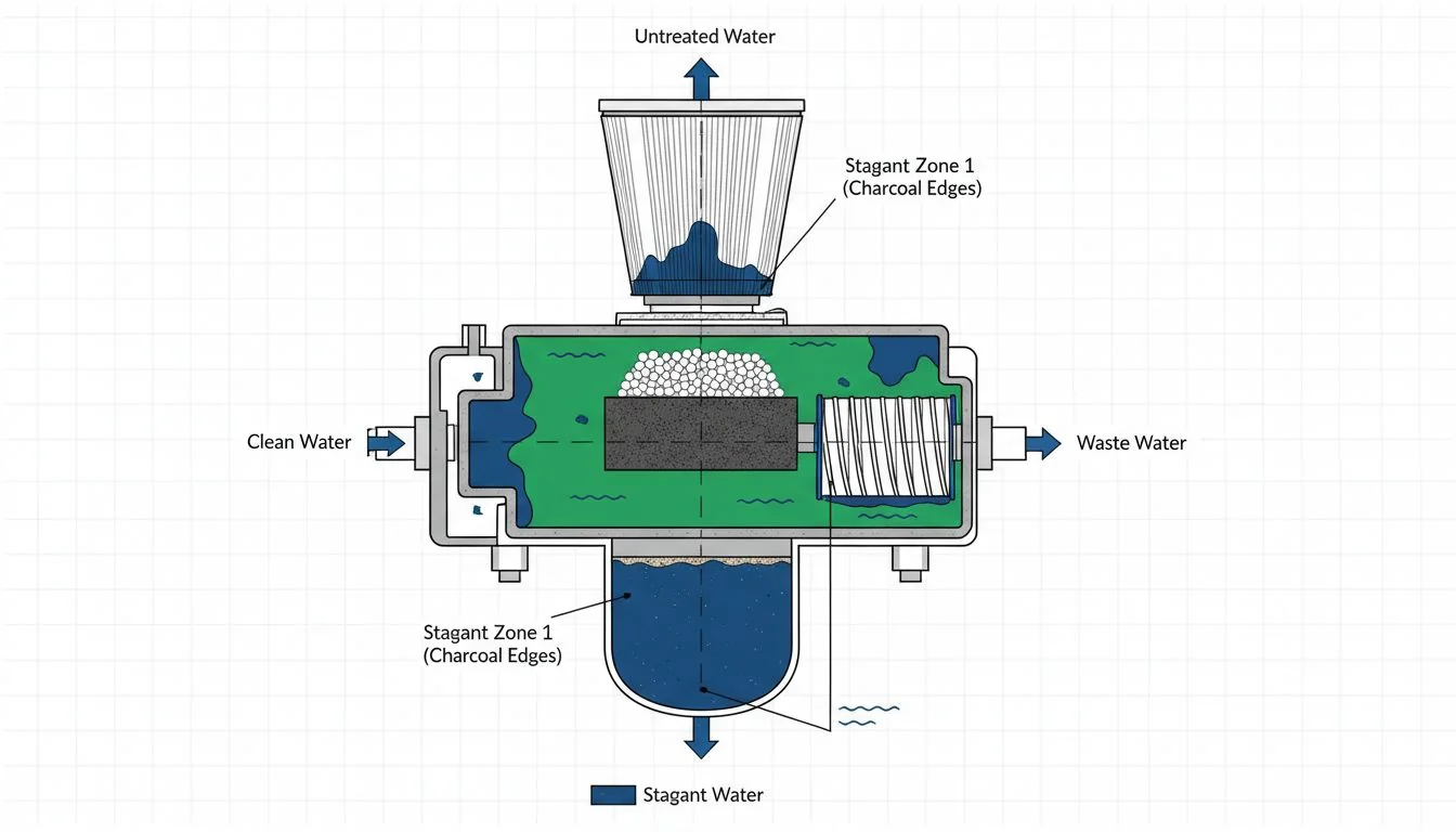 cross section of a water filter showing water stagnation zones