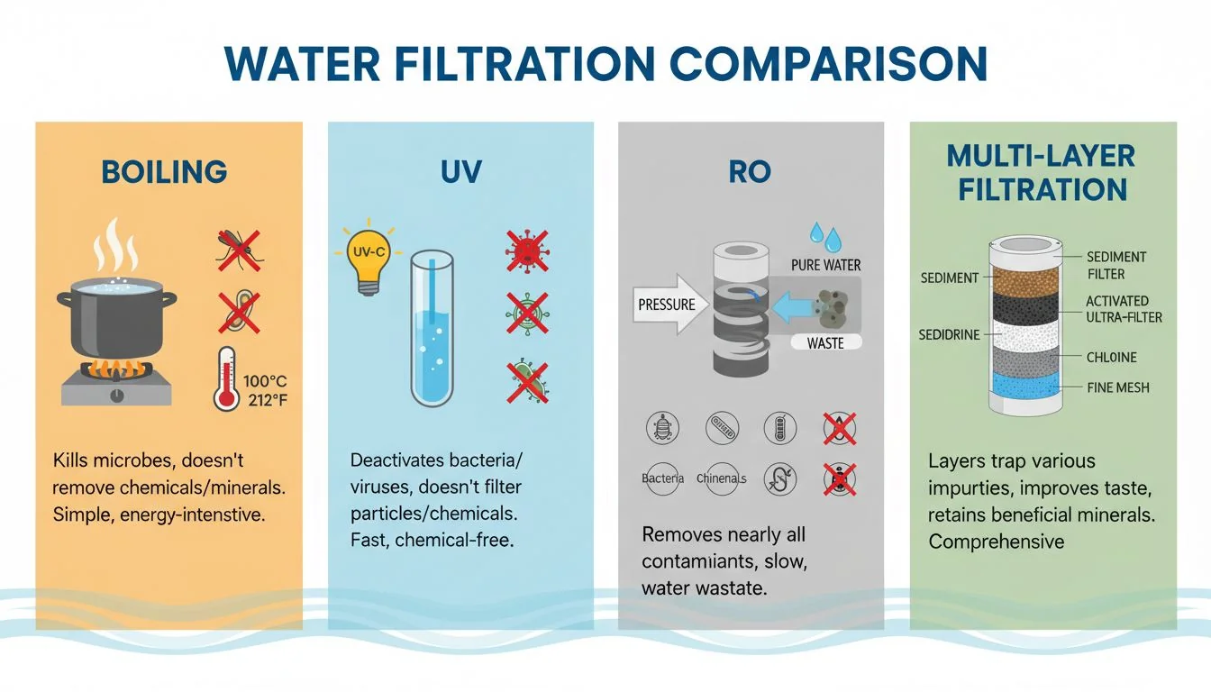 Water Filtration Comparison comparison of water filtration technologies boiling uv ro and multi-layer filtration