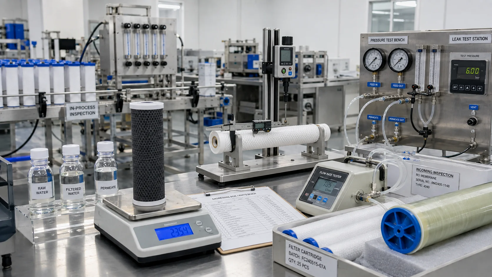 HisoAir engineers verifying water filter materials, flow performance and production consistency