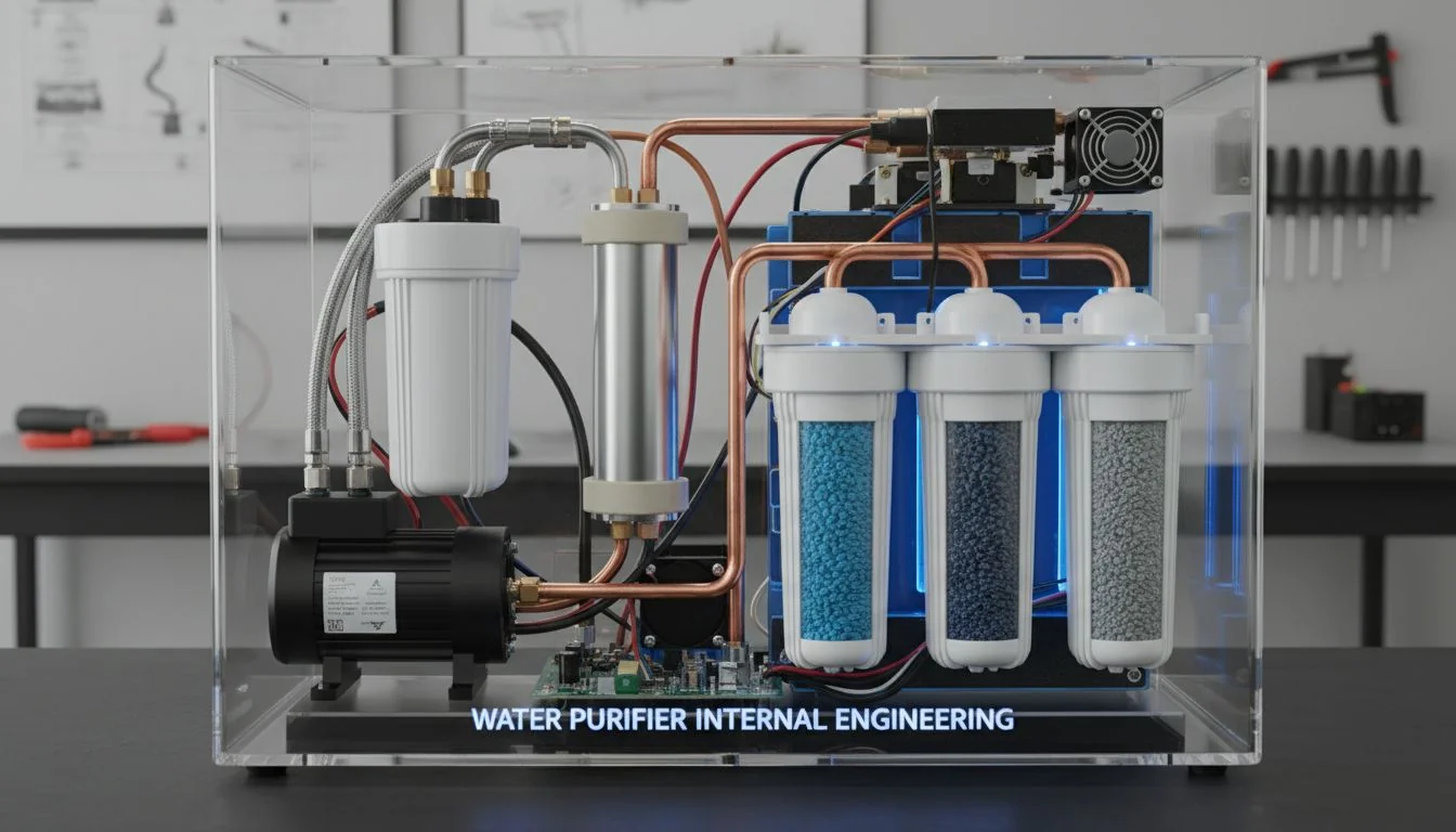 Water Purifier Internal Engineering internal components of a water purifier showing pump and heater