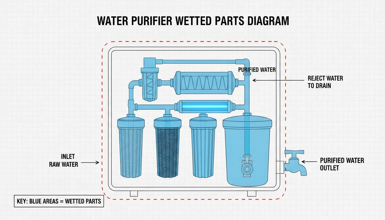 Water Purifier Wetted Parts Diagram A diagram showing the water path inside a purifier, highlighting all the 'wetted parts'