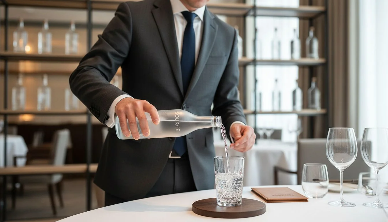 sommelier serving water in crystal glass