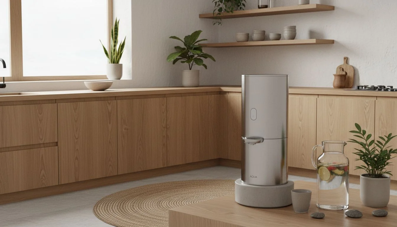 Wellness Aesthetic with Steel Purifier A stainless steel water purifier in a "Japandi" style kitchen, looking like a piece of decor.