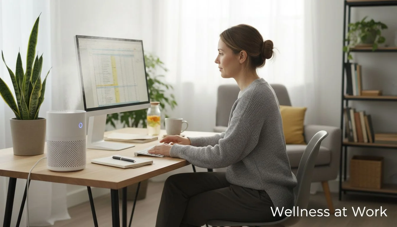 Wellness at Work Lifestyle shot of a person using a portable air purifier on their desk