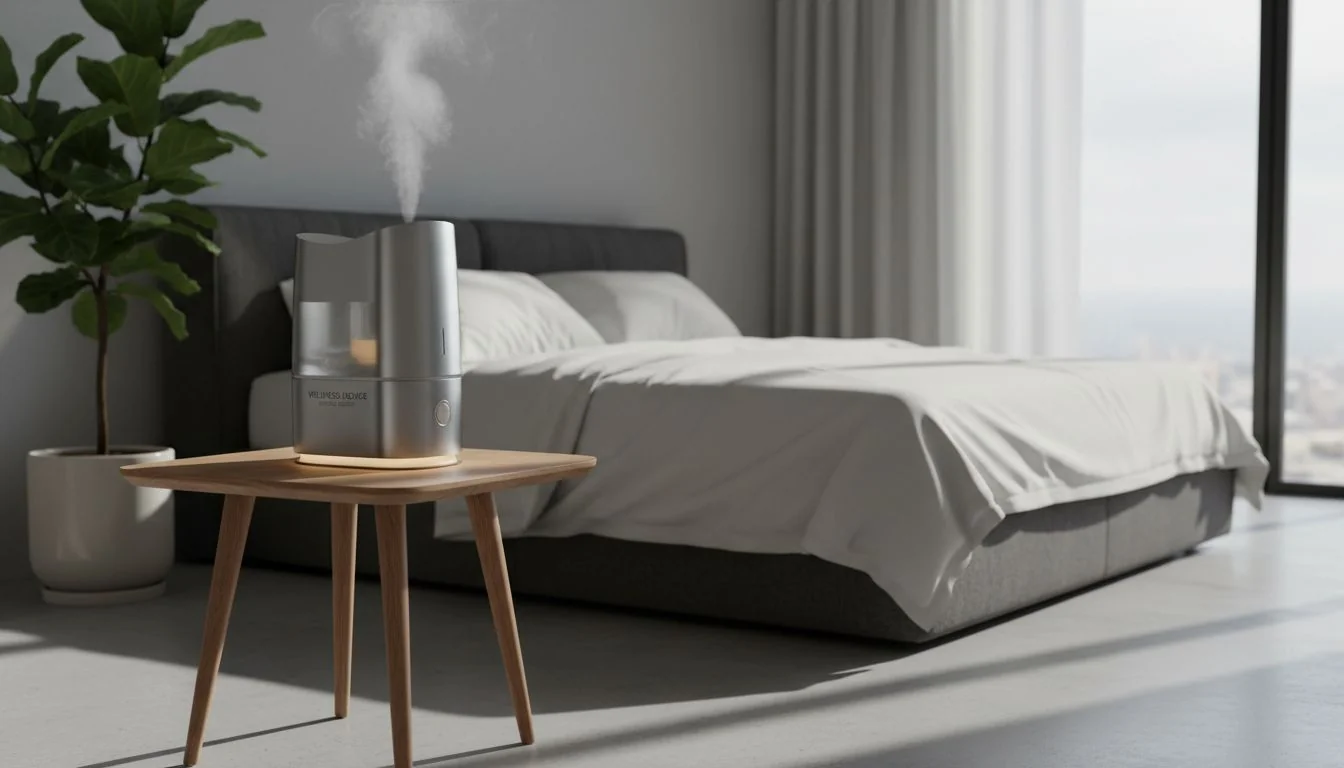 Wellness Device as a Lifestyle Object A beautifully designed stainless steel humidifier sitting on a stylish wooden side table in a modern bedroom.