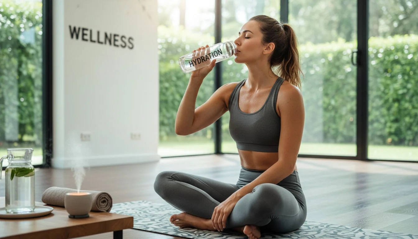Wellness Hydration woman drinking water after yoga session
