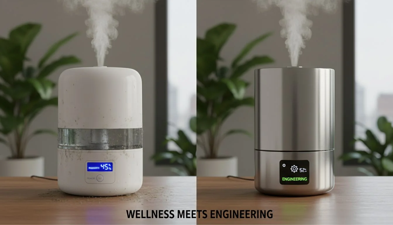 Wellness Meets Engineering A sleek white plastic humidifier next to a premium stainless steel one, with the plastic one looking slightly grimy.