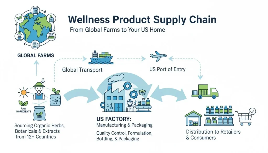 An infographic showing a product's journey from global farms to a US factory