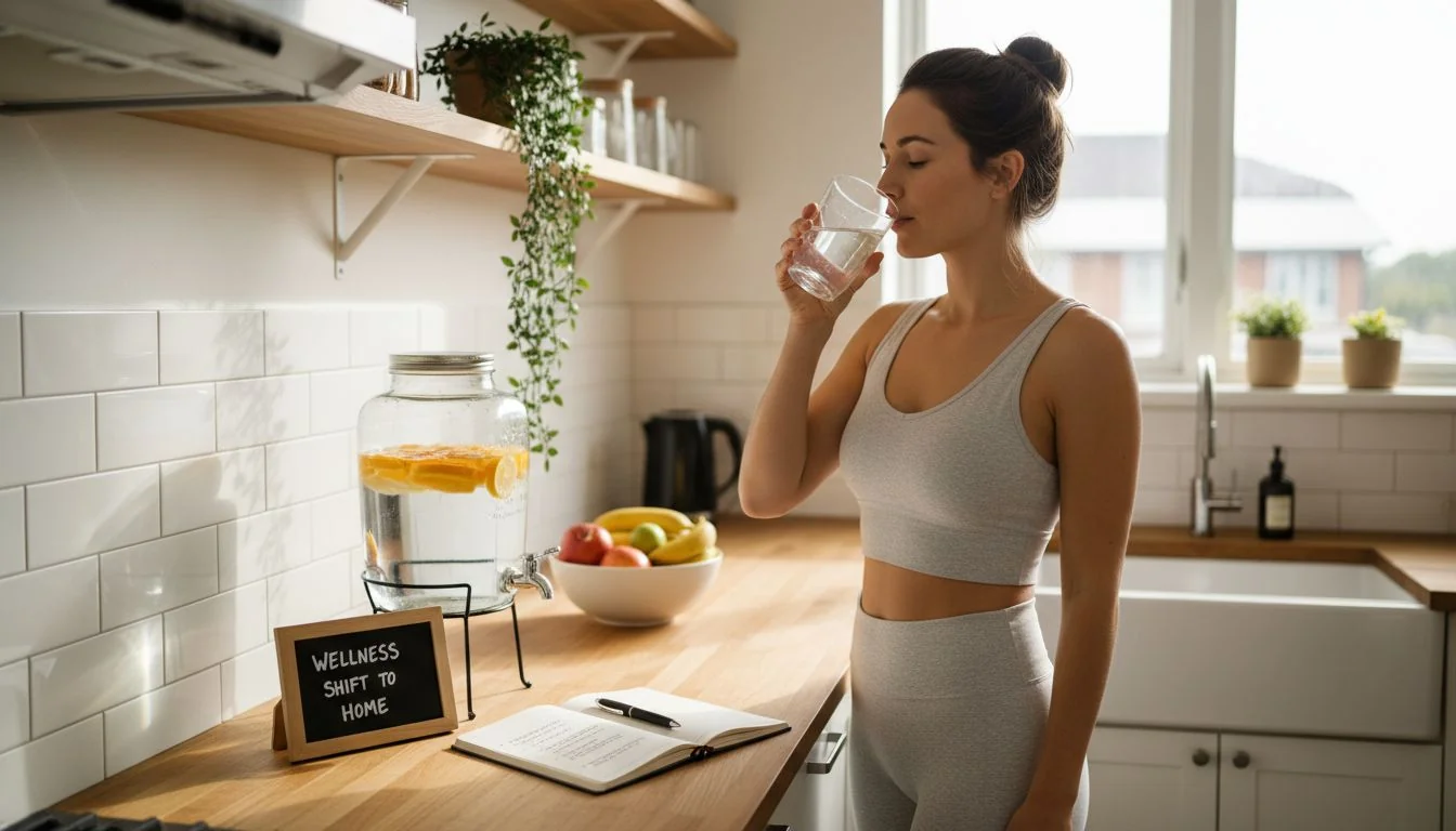woman drinking water in home kitchen wellness routine