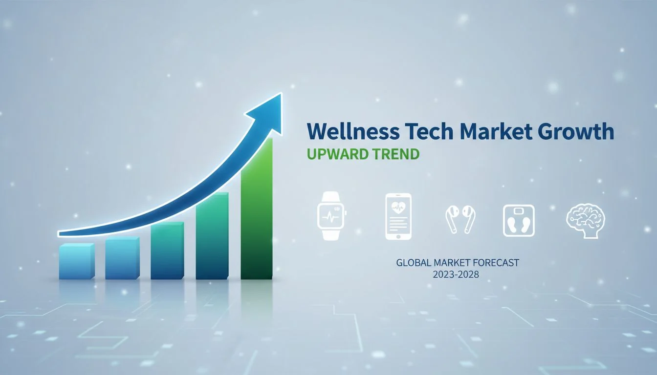 A graph showing an upward trend line for the wellness tech market with icons of smart devices