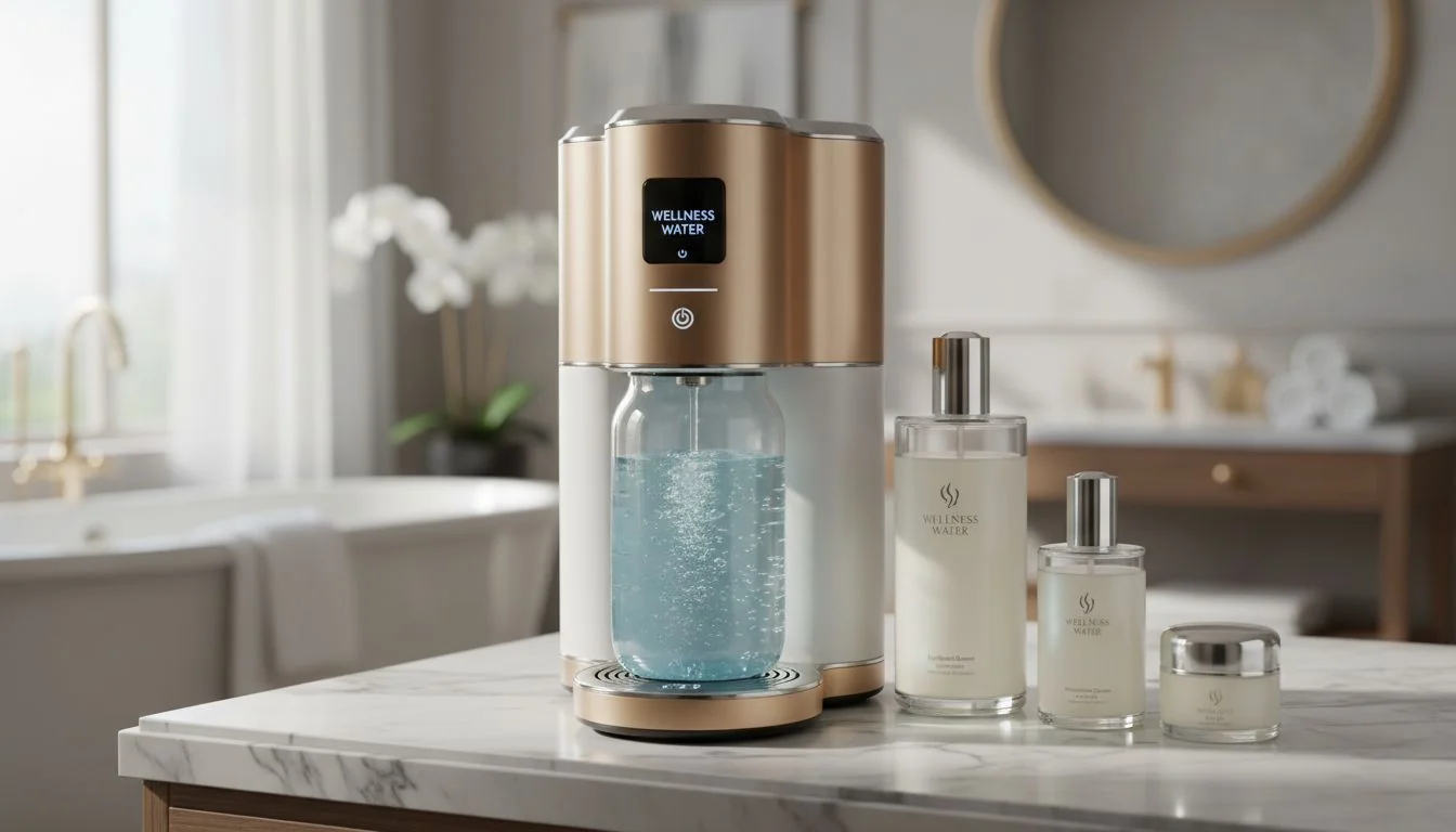 Wellness Water Branding luxury water purifier next to skincare products