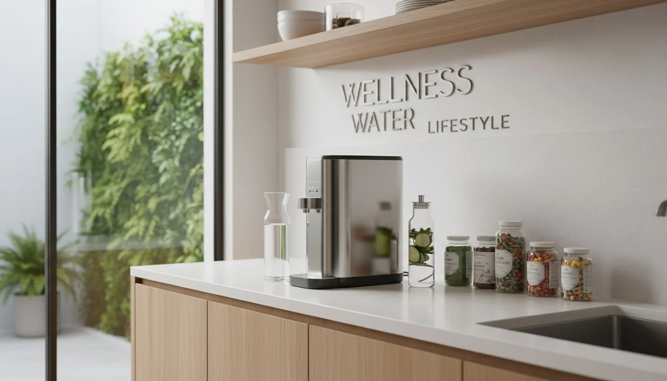 Wellness Water Lifestyle modern kitchen with stainless steel water purifier and wellness supplements