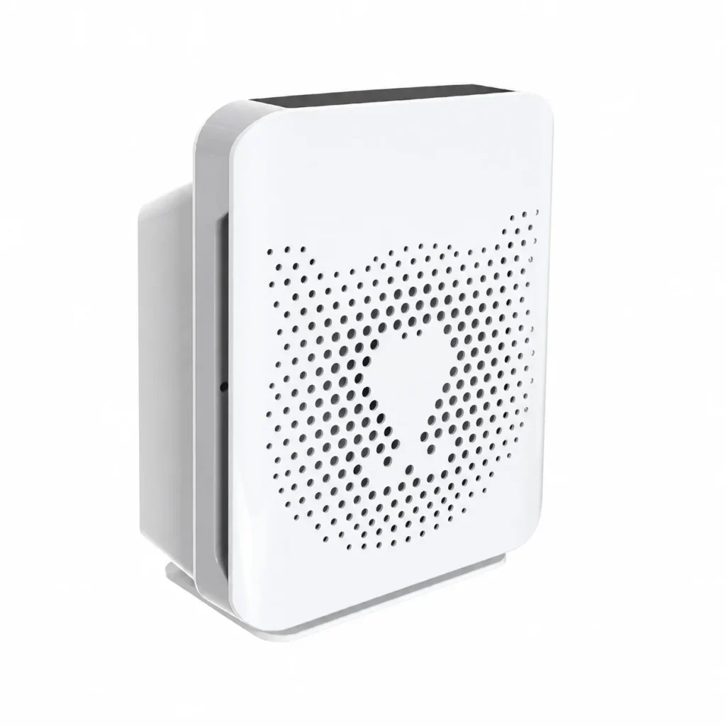 A sleek white air purifier with a perforated modern design featuring a bear-shaped pattern on the front panel.
