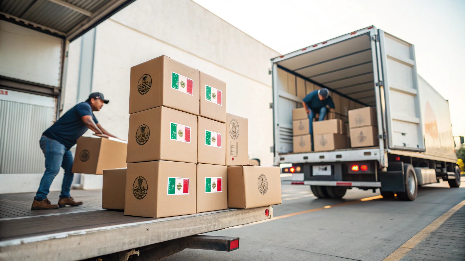 Boxes with a blank logo being loaded onto a truck, representing white-label products.
