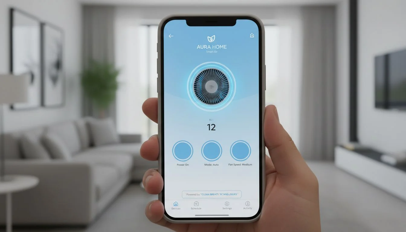 A smartphone screen showing a custom-branded app for controlling a smart air purifier.