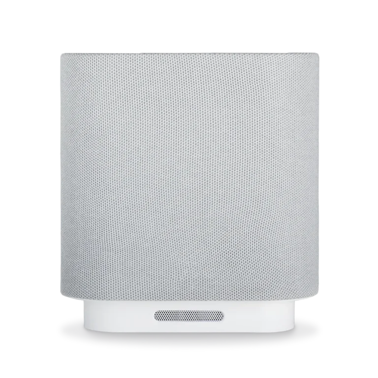 A sleek white smart speaker featuring a mesh exterior and compact design, suitable for home or office use.