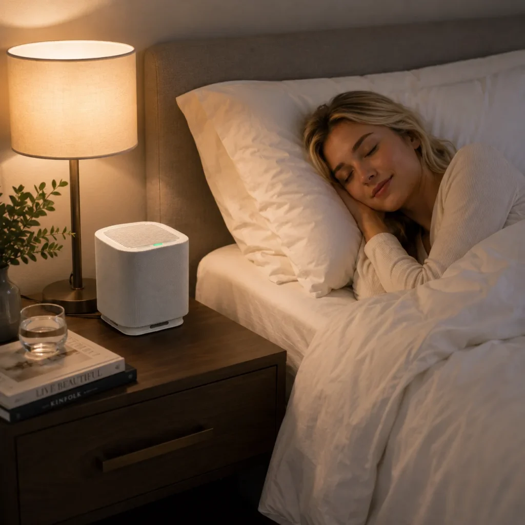 A woman sleeping in a cozy bedroom next to an air purifier on a wooden nightstand, with a lit lamp and decorative books visible.