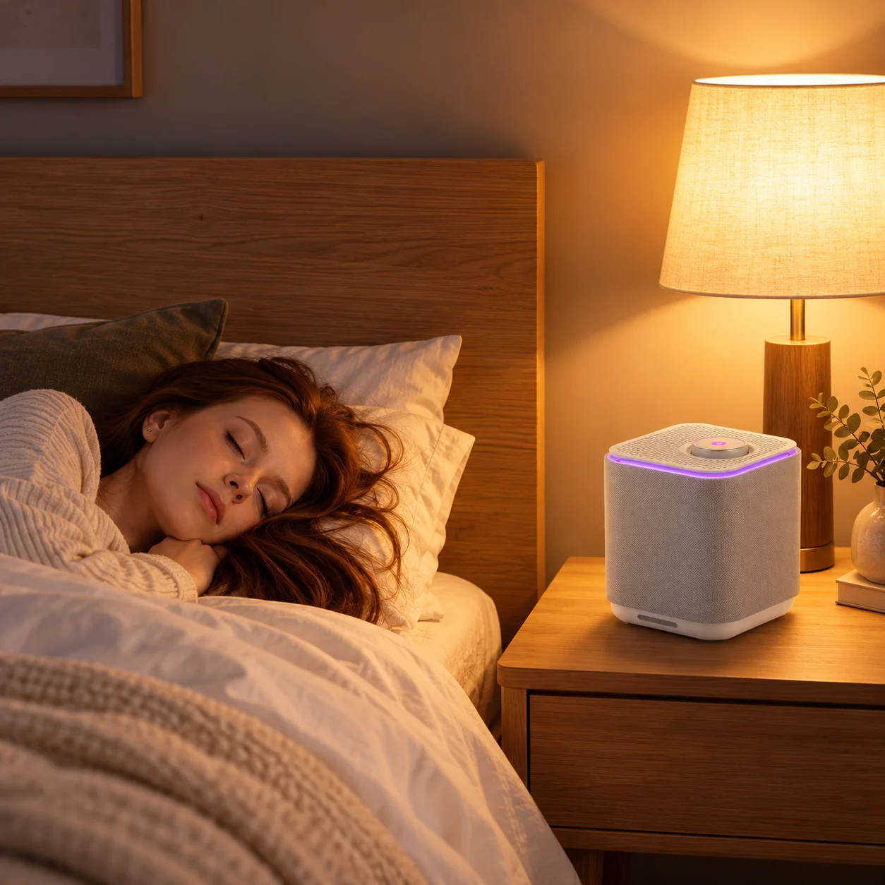 A woman peacefully sleeping in bed with a lit bedside lamp and a smart speaker emitting a soft glow on the nightstand.