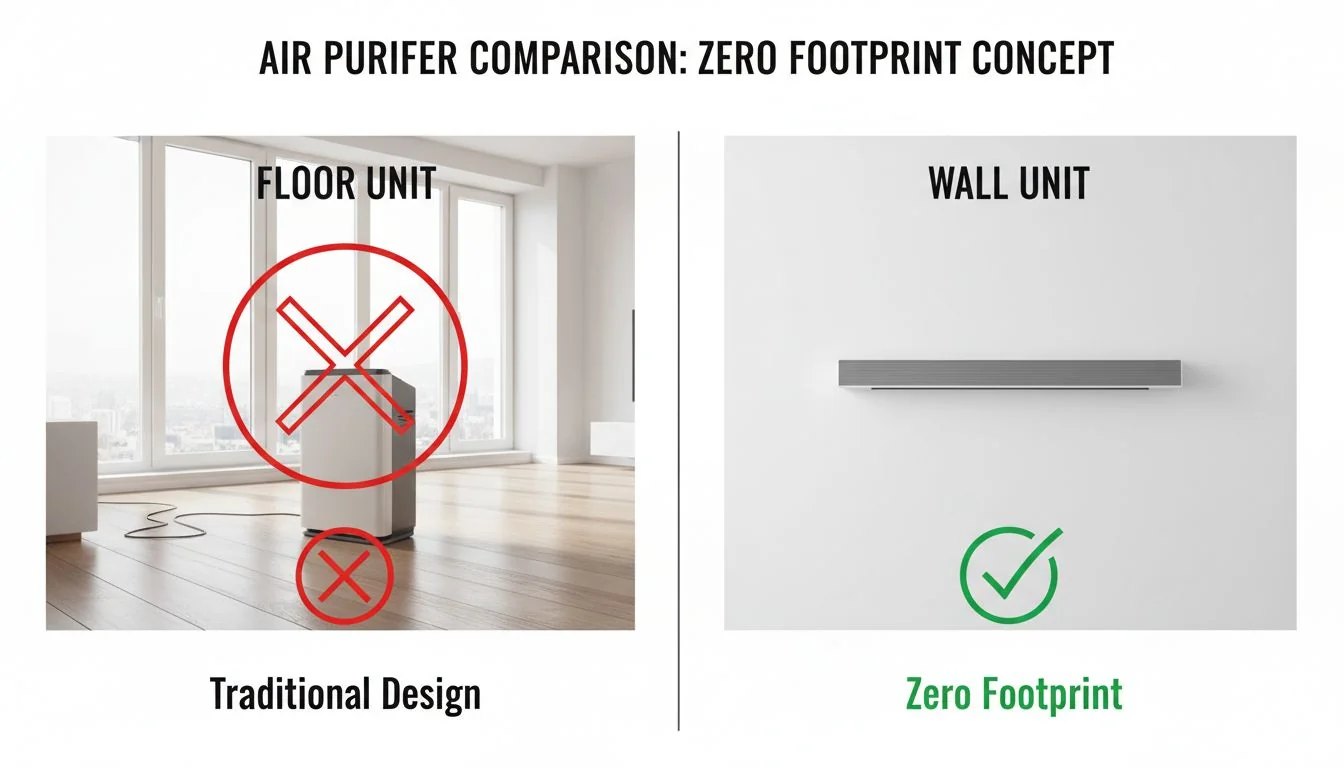 Zero Footprint Concept comparison of floor unit vs wall unit air purifier
