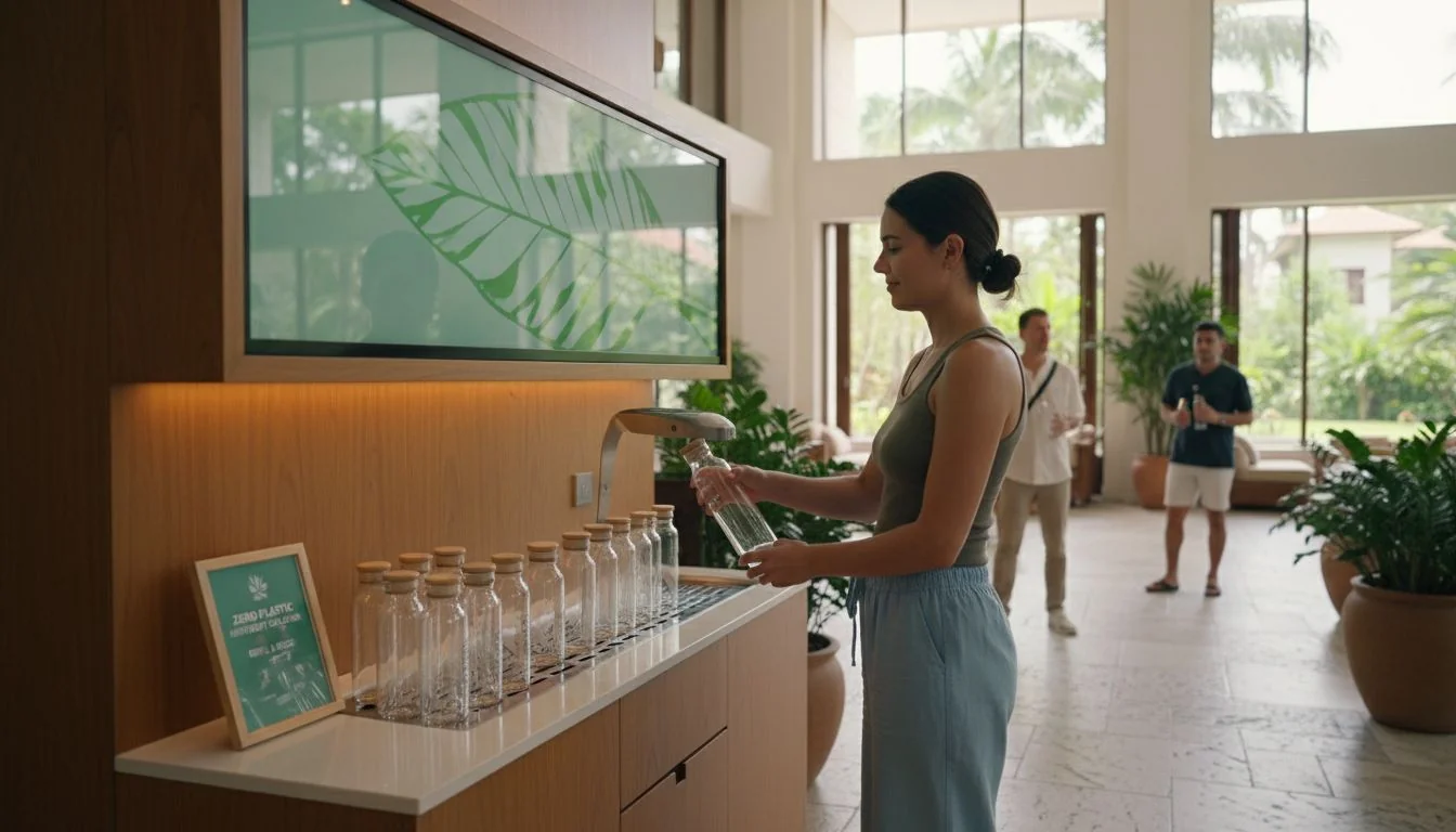 hotel guest using a reusable glass bottle at a water station