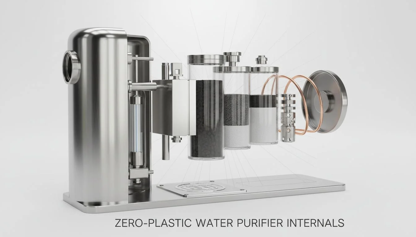 A sleek, stainless steel water purifier with an exploded view showing its metal and glass internal components.