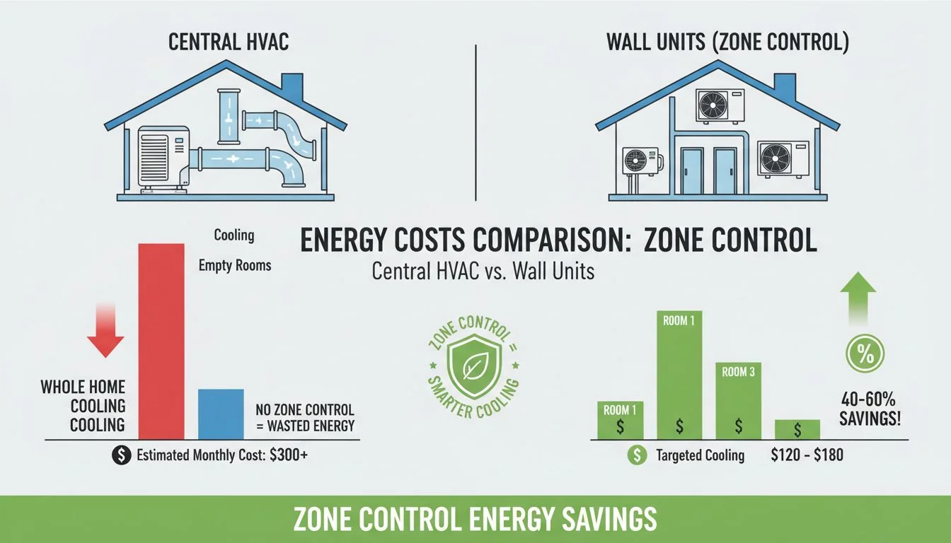comparison chart of energy costs between central hvac and wall units